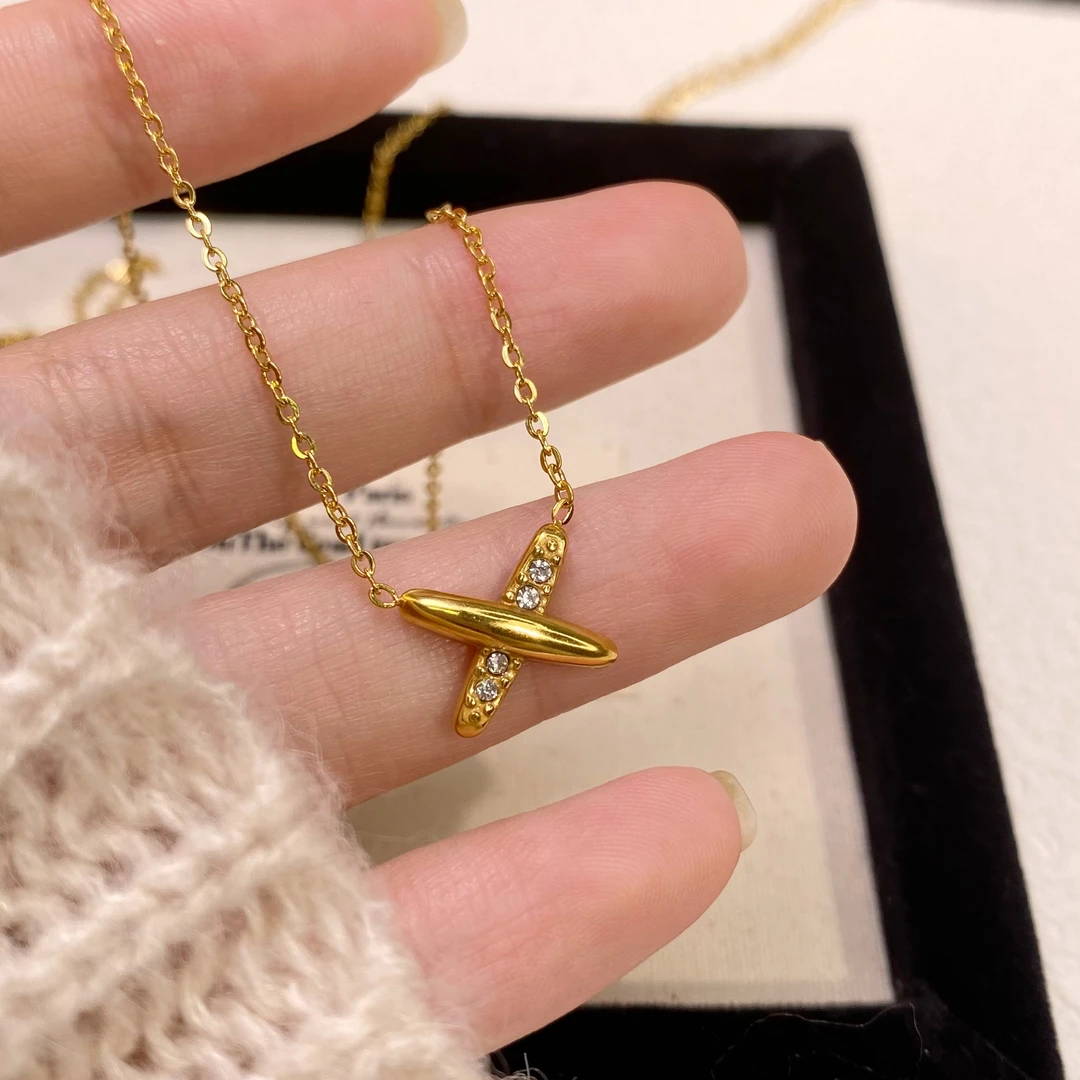 钛钢项链 满钻交叉项链镶钻x字母形型锁骨链高级项链8524