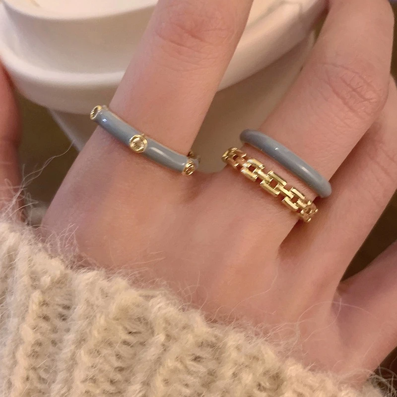 合金珐琅戒指 蓝色珐琅简约不规则菱格开口戒韩系小众设计戒指A01