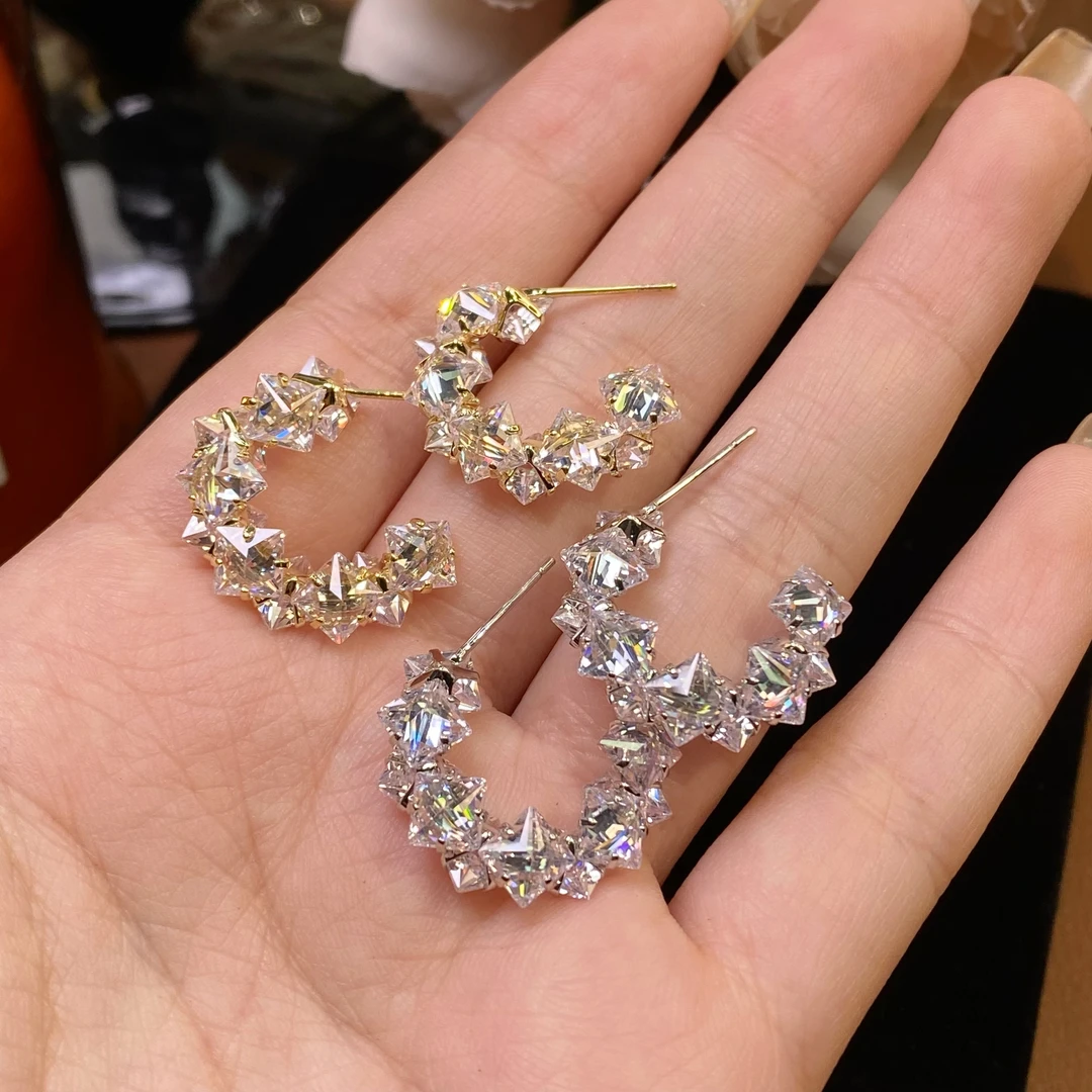 铜合金锆石耳饰 升级版镀18K实物很闪很亮锆石几何圆形耳饰