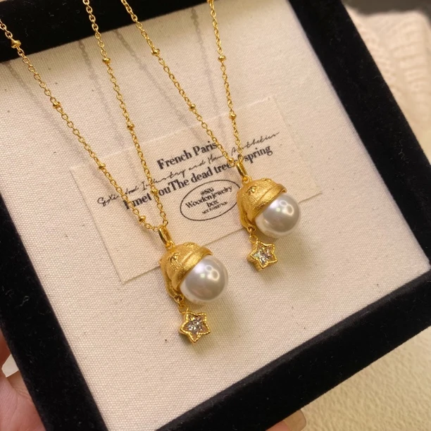 铜项链 法式轻奢复古拉丝珍珠圣诞帽星星项链小众精致圣诞礼物D10