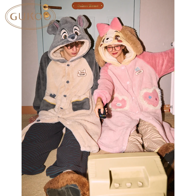 【Gukoo果壳】迪士尼系列冬季情侣睡袍卡通连帽加绒保暖家居服睡袍