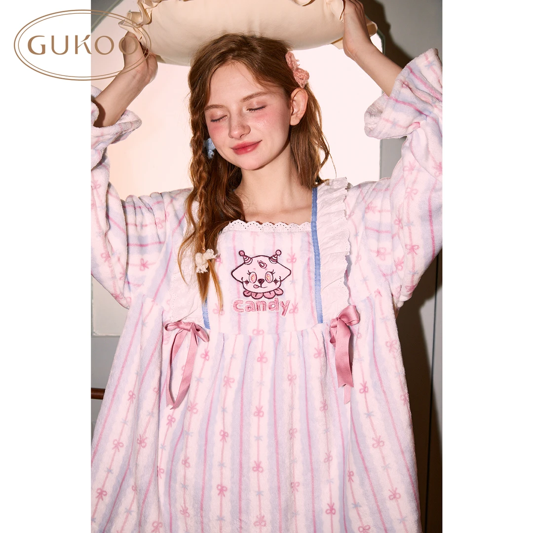 【Gukoo果壳】简约小方领满印亲肤牛奶绒保暖女式套头家居服睡衣
