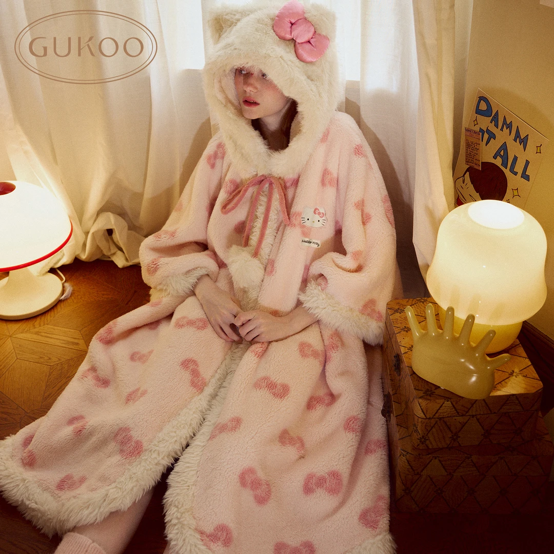 【Gukoo果壳】冬季睡袍女HelloKitty联名家居服连帽毛绒斗篷睡袍