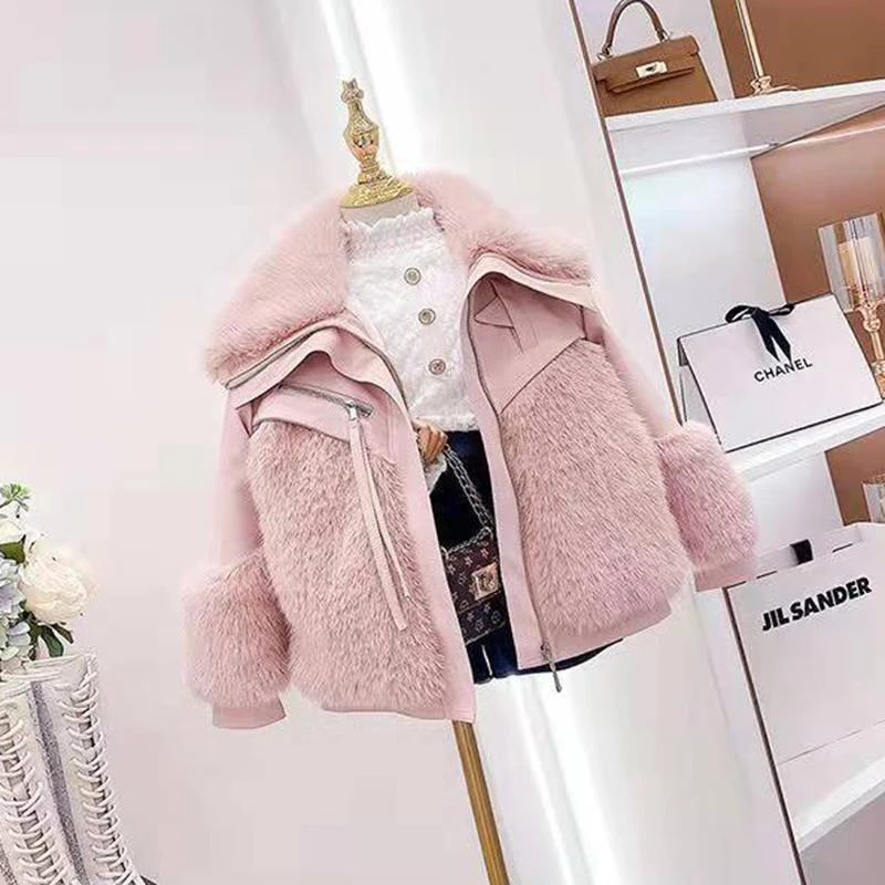 女童加绒夹棉外套冬装仿皮草时尚冬季毛毛大衣加厚保暖洋气上衣潮