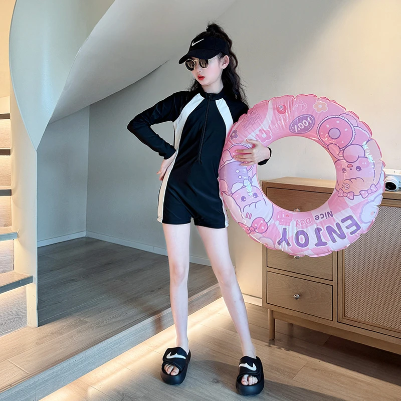 女童泳衣长袖时尚新款儿童专业训练游泳衣女大童连体速干防晒泳装