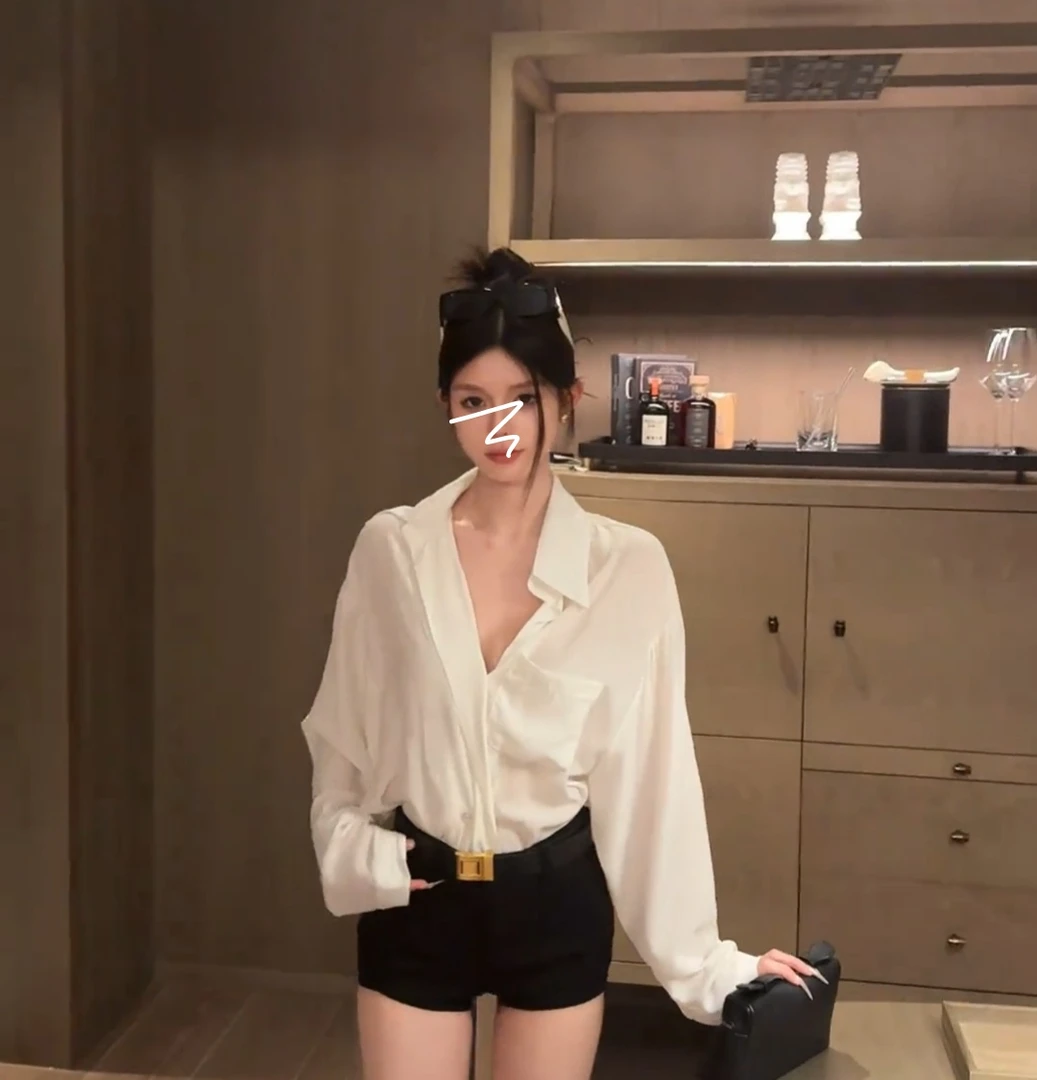 2025春夏新款微透辣妹风薄款长袖衬衫宽松休闲口袋衬衣百搭短裤女