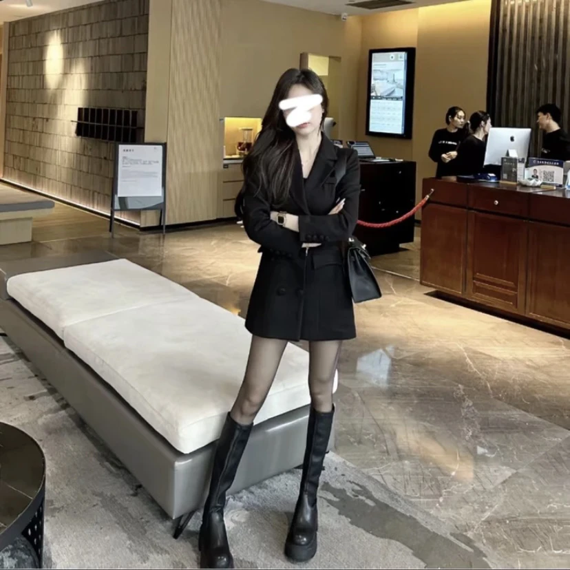 韩版复古双排扣小蛮腰中长款黑色西装裙秋季高级感收腰西装连衣裙