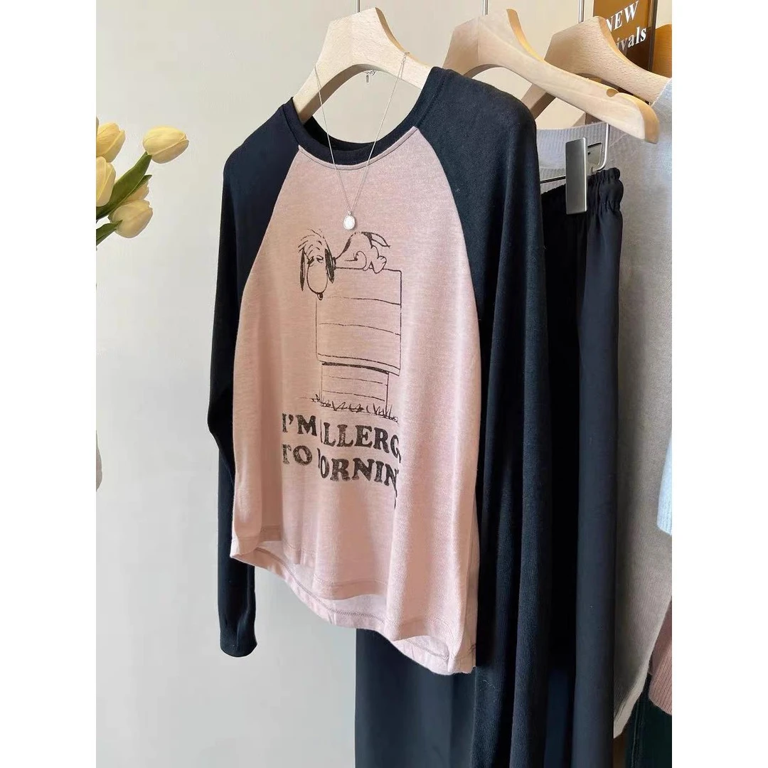 特大码300斤拼接撞色插肩长袖t恤女早秋基础宽松胖mm休闲打底上衣