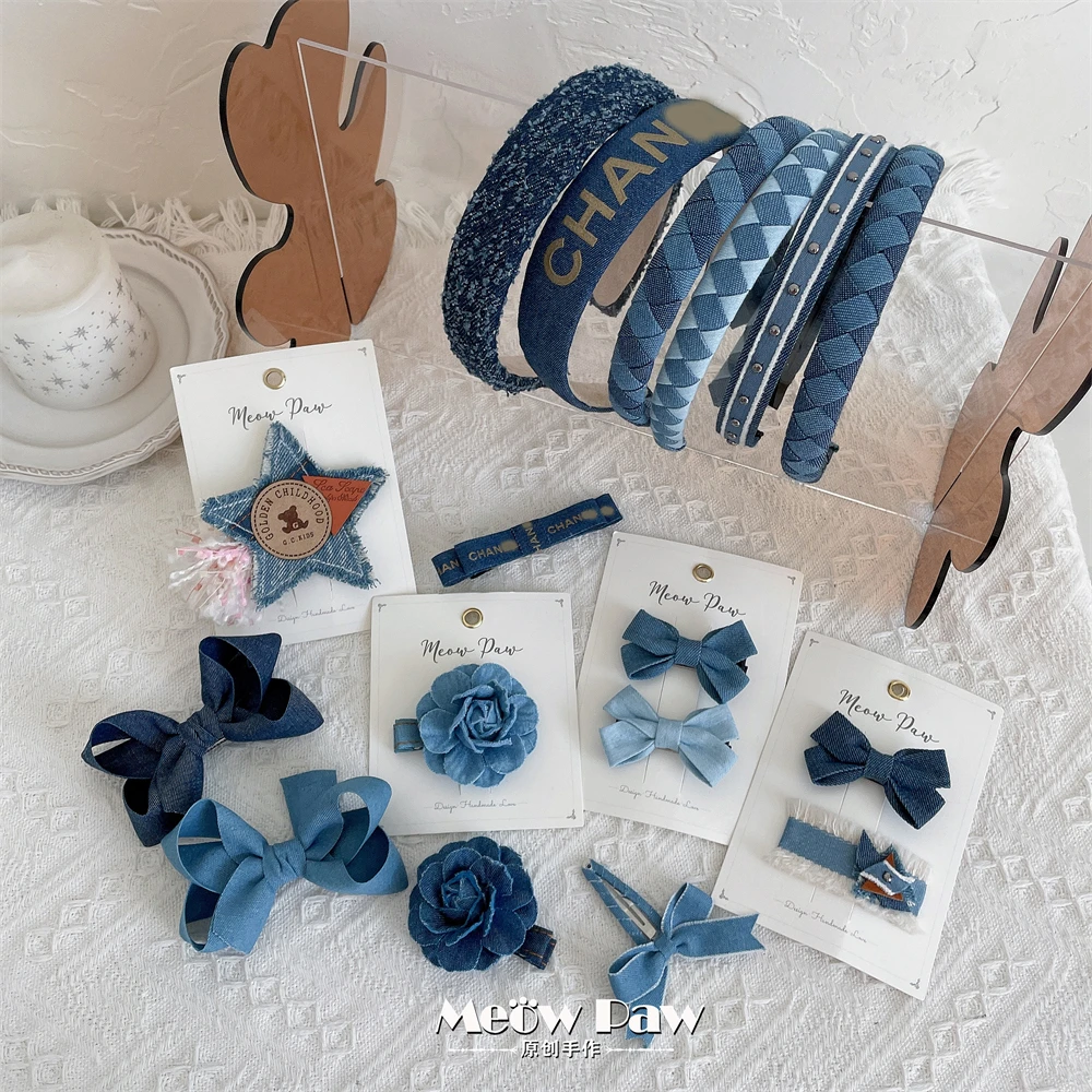 牛仔蓝色系列发夹发箍 小喵爪手作原创 风车山茶流星儿童发饰边夹