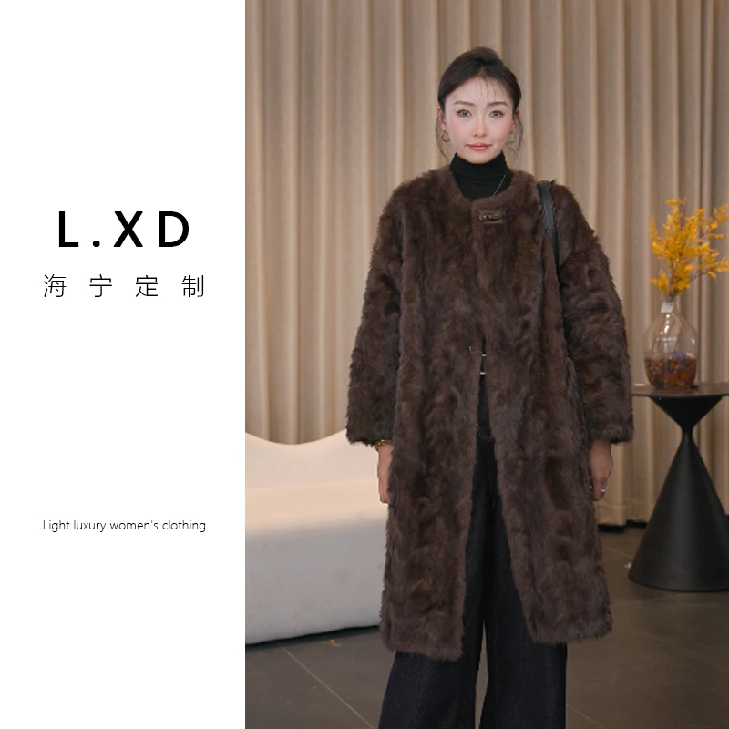 2024新款海宁毛毛外套女立领高品质轻奢冬季保暖长款大衣