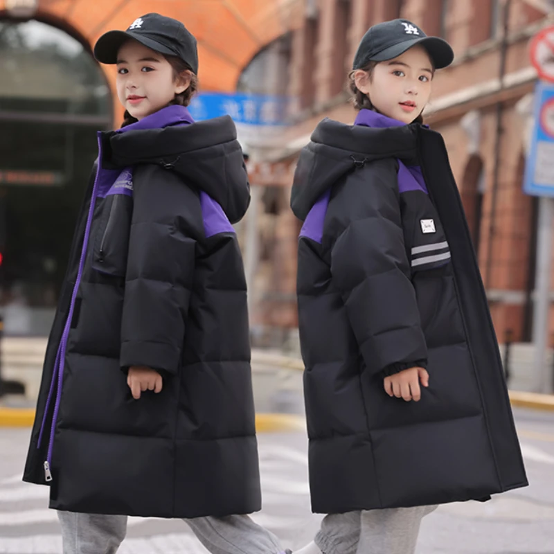 新款儿童羽绒服黑金羽绒服男童女宝宝洋气拼色长款防寒加厚白鸭绒