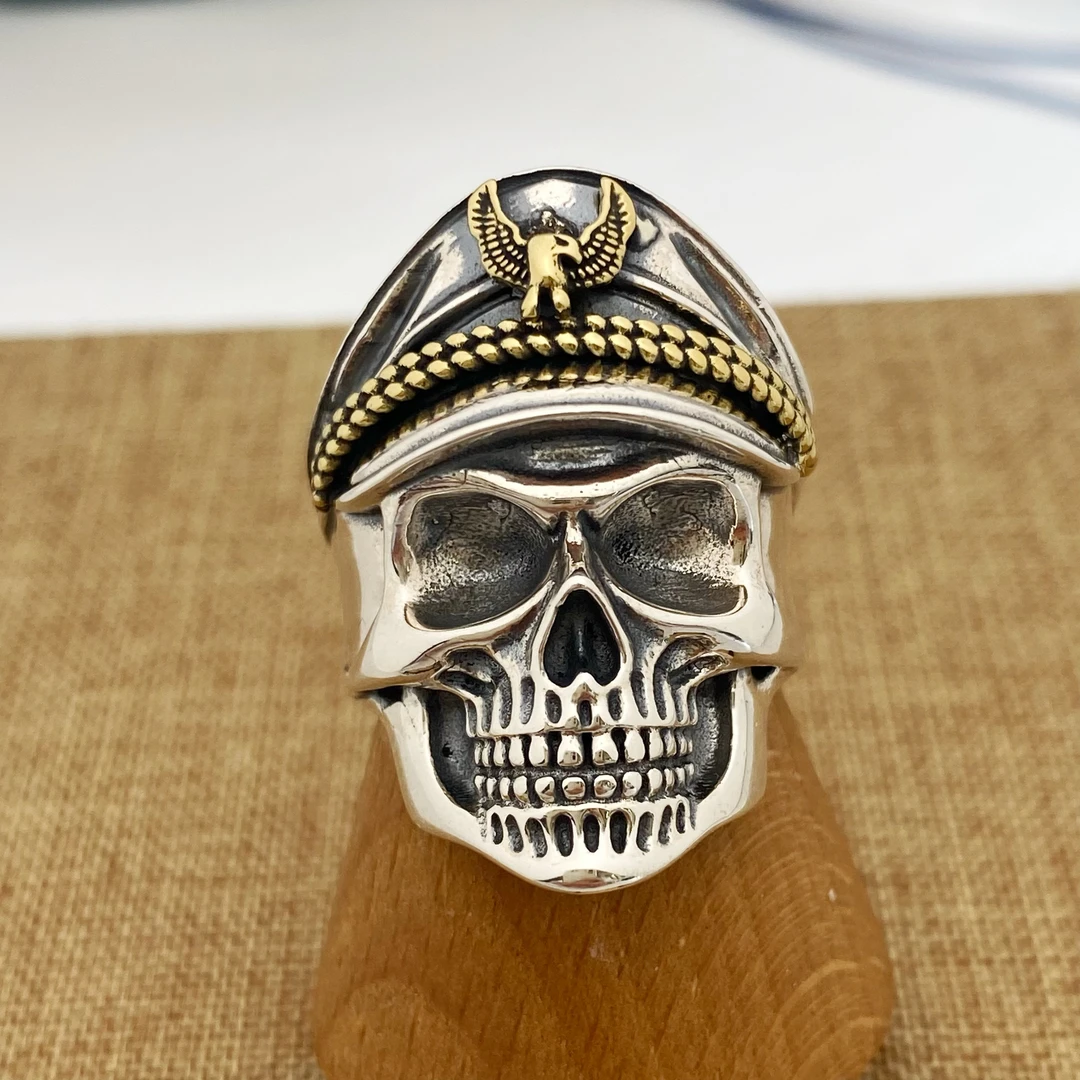 925银戒指 925银军官骷髅头戒指个性复古