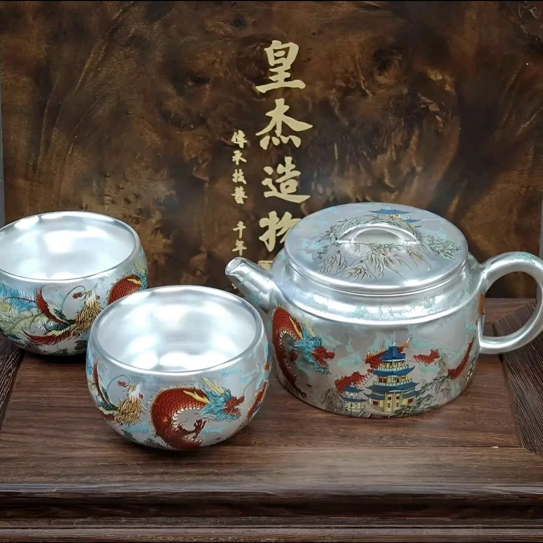 2024新款龙凤呈祥鎏银汉瓦壶一壶两杯功夫茶具高档礼盒装送礼办公