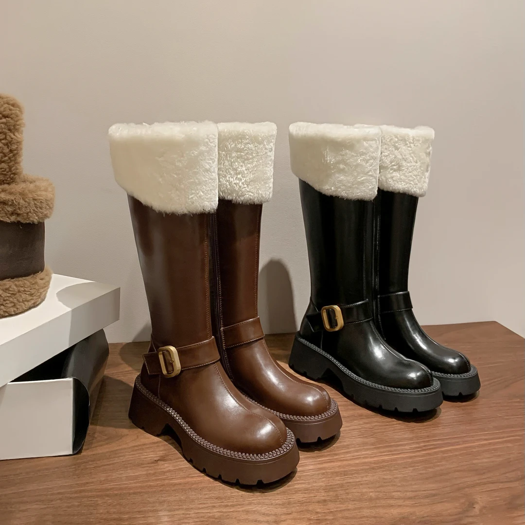 YDD/雪国少女/23秋冬百搭简约时尚圆头厚底高筒保暖加绒长靴/105