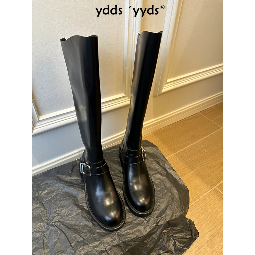 YDD/24秋冬新款时尚百搭经典金属扣高筒圆头斜口低跟骑士靴/5207