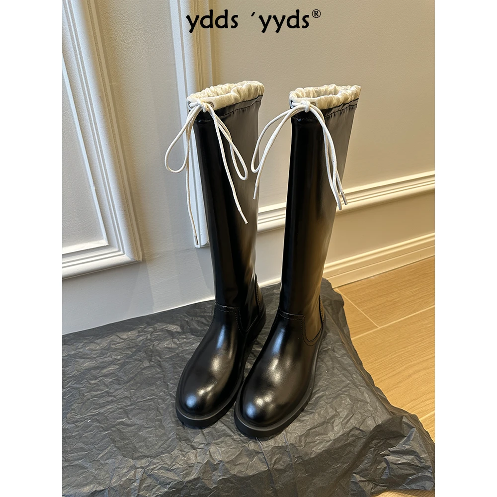 YDD/24秋冬新款时尚简约百搭花边高筒圆头平口低跟骑士靴/5231