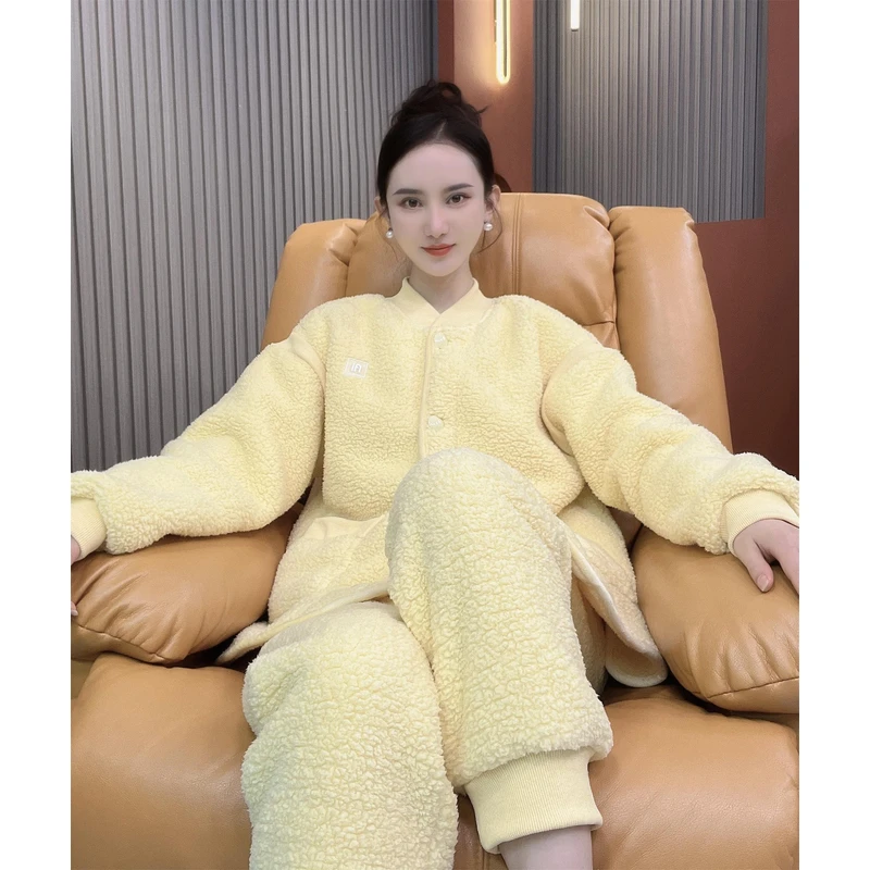 女款冬季新款冬款加绒加厚休闲开衫北羔绒套装百搭家居服时尚套装