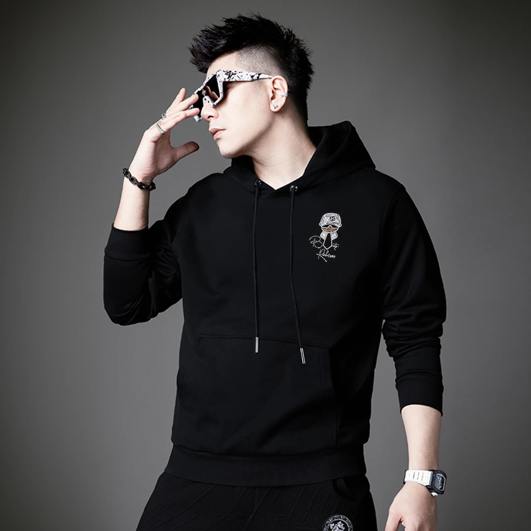 欧洲站男士烫钻套头连帽卫衣2025秋冬新款长袖体恤潮流时尚外套男