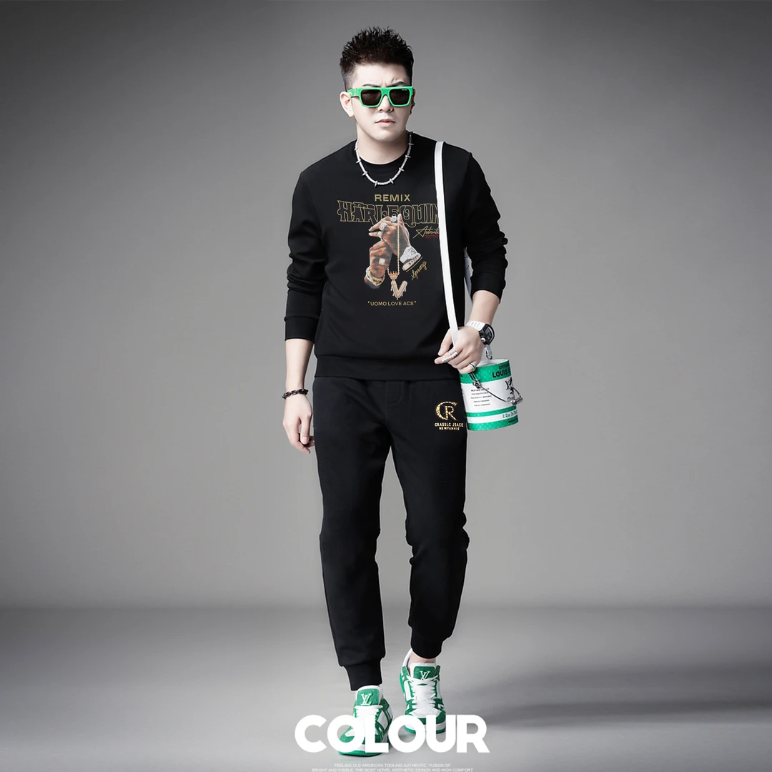 潮流保暖男士休闲套装圆领卫衣男两件套时尚高品质欧货男装修身