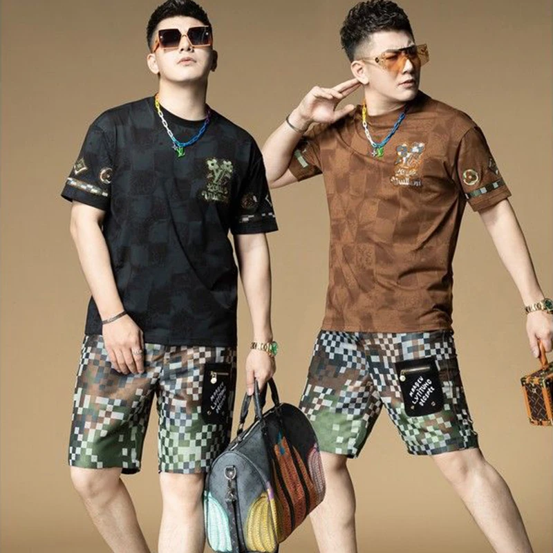 欧洲站短袖T恤男士套装夏季潮牌烫钻2025新款短裤帅气一套搭配男
