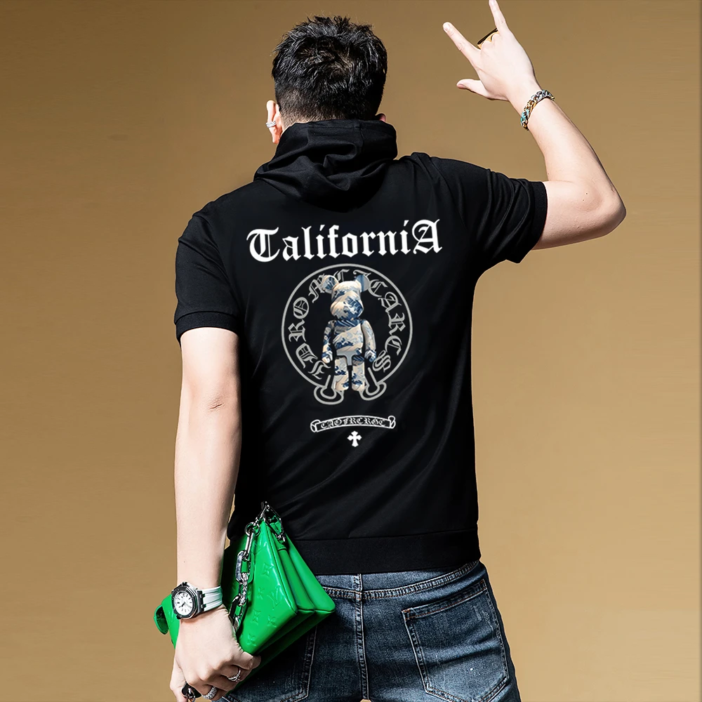 高端丝光连帽卫衣短袖T恤男士夏季新款潮流熊设计简约大气体恤衫