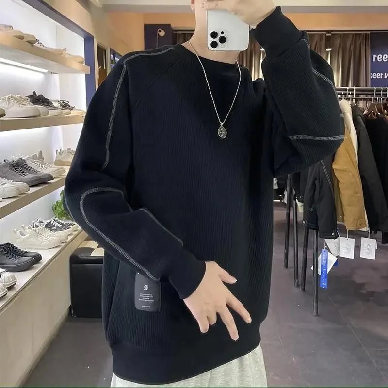 A坑条肌理纹重磅加厚绒圆领卫衣男春秋款宽松2024冬季新款潮上衣