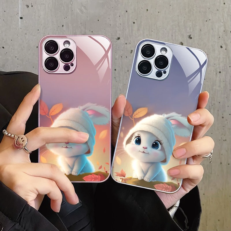 苹果/华为/荣耀/oppo/vivo新款秋季落叶可爱兔子金属漆玻璃手机壳