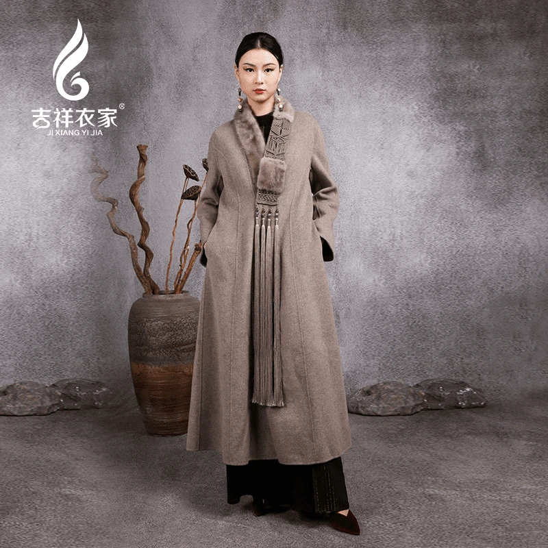 吉祥衣家白绵羊毛水貂毛女装大衣典雅新中式国风韧里飞白毛呢外套
