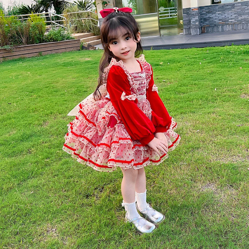 女童洛丽塔公主裙圣诞节洋装宝宝生日周岁礼服蓬蓬连衣裙红色年服