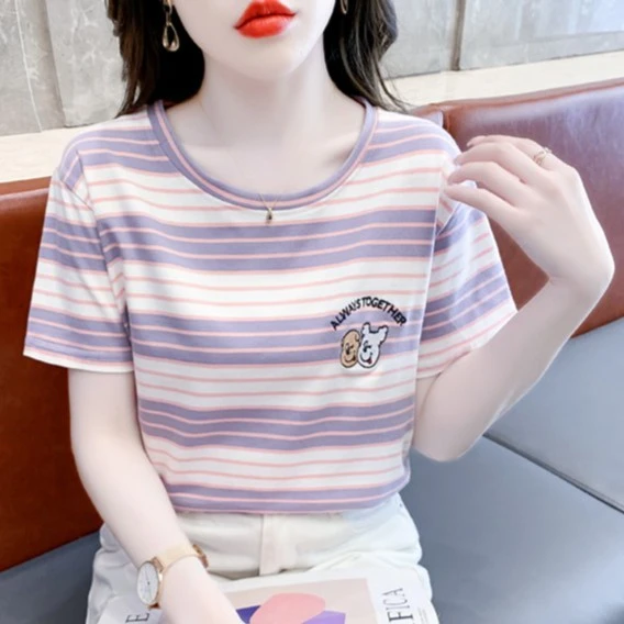 高档女士条纹短袖T恤女夏新款显瘦百搭体恤韩版精梳棉圆领上衣