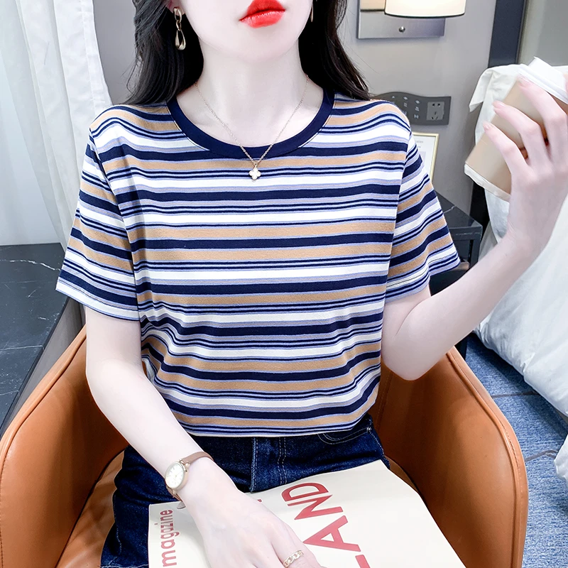 时尚撞色条纹短袖t恤女夏装2025新款宽松显瘦遮肚子休闲体恤上衣