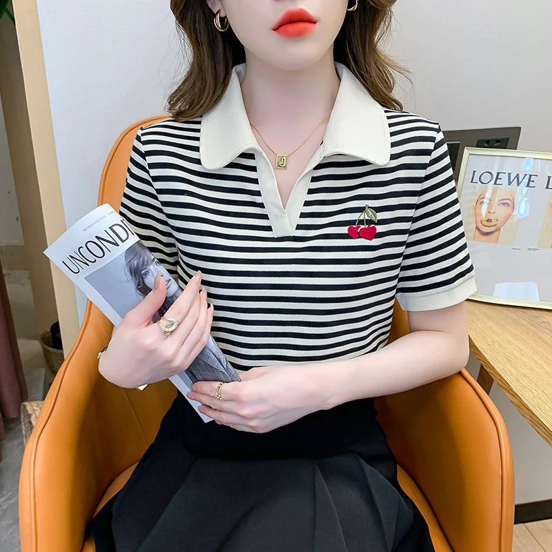 POLO领条纹短袖t恤女夏夏季新款时尚休闲百搭上衣洋气体恤衫