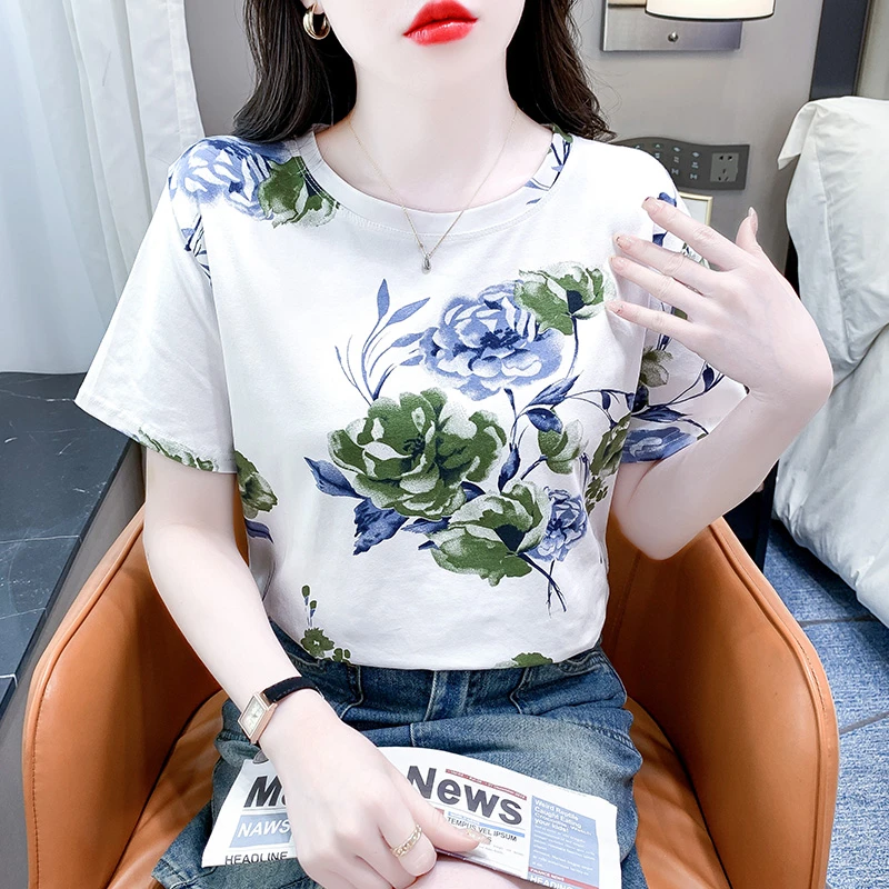短袖T恤女士百搭潮圆领夏季新款女装设计感时尚印花宽松上衣体恤