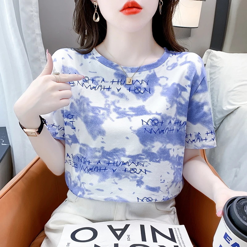 蓝色扎染短袖t恤女夏装圆领时尚字母印花设计感小众原创上衣百搭
