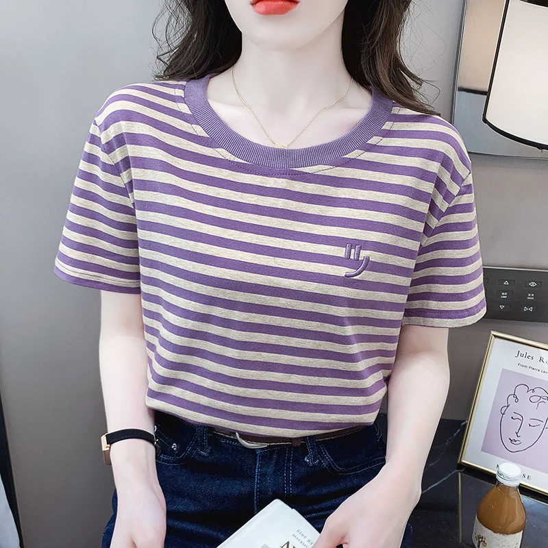 紫色条纹短袖t恤女装精梳棉新款夏季宽松显瘦刺绣设计感上衣洋气