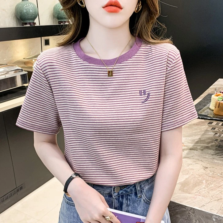 条纹短袖t恤女夏季时尚刺绣百搭减龄显瘦洋气减龄圆领正肩上衣潮