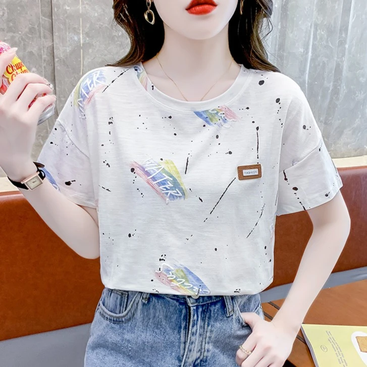夏季新款正肩白色短袖t恤彩色印花上衣小衫女士精梳棉女装宽松