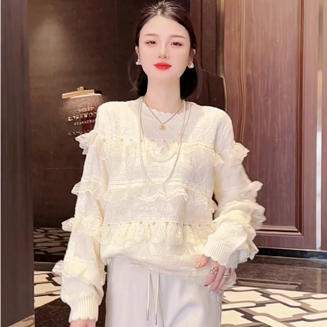 [冬日暖暖] 蕾丝毛针织衫气质时尚长袖镂空宽松秋冬百搭圆领