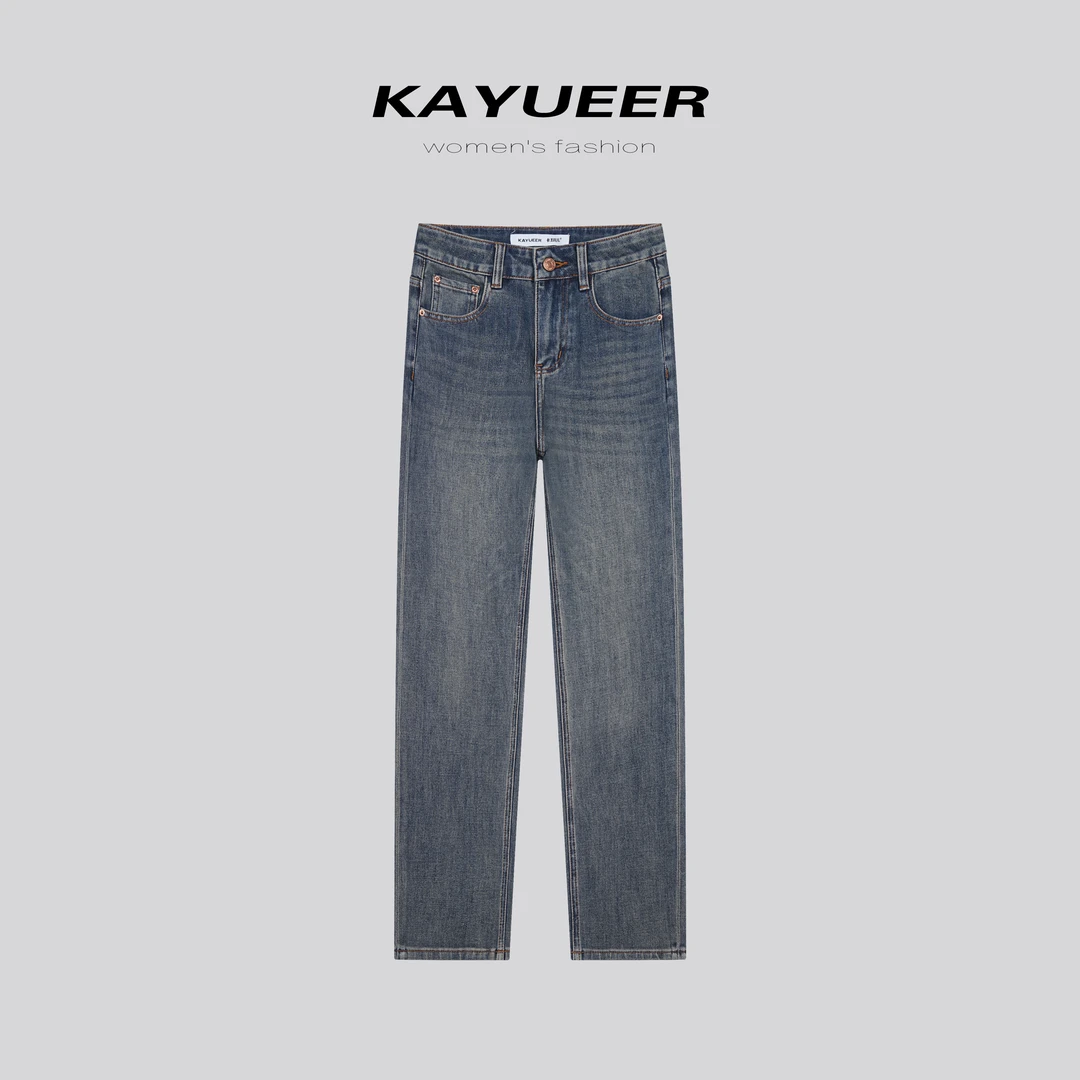 KYR9039-卡玥儿复古蓝牛仔裤女秋冬季休闲直筒九分裤四面弹烟管裤