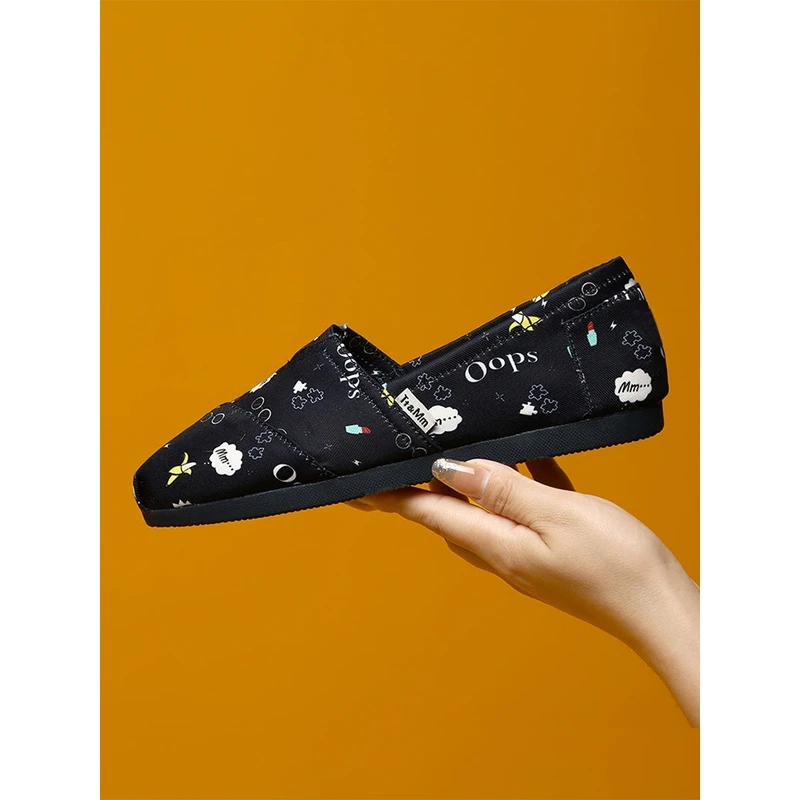 Tt&Mm/汤姆斯低帮圆头涂鸦帆布鞋女鞋软底夏季一脚蹬懒人百搭布鞋