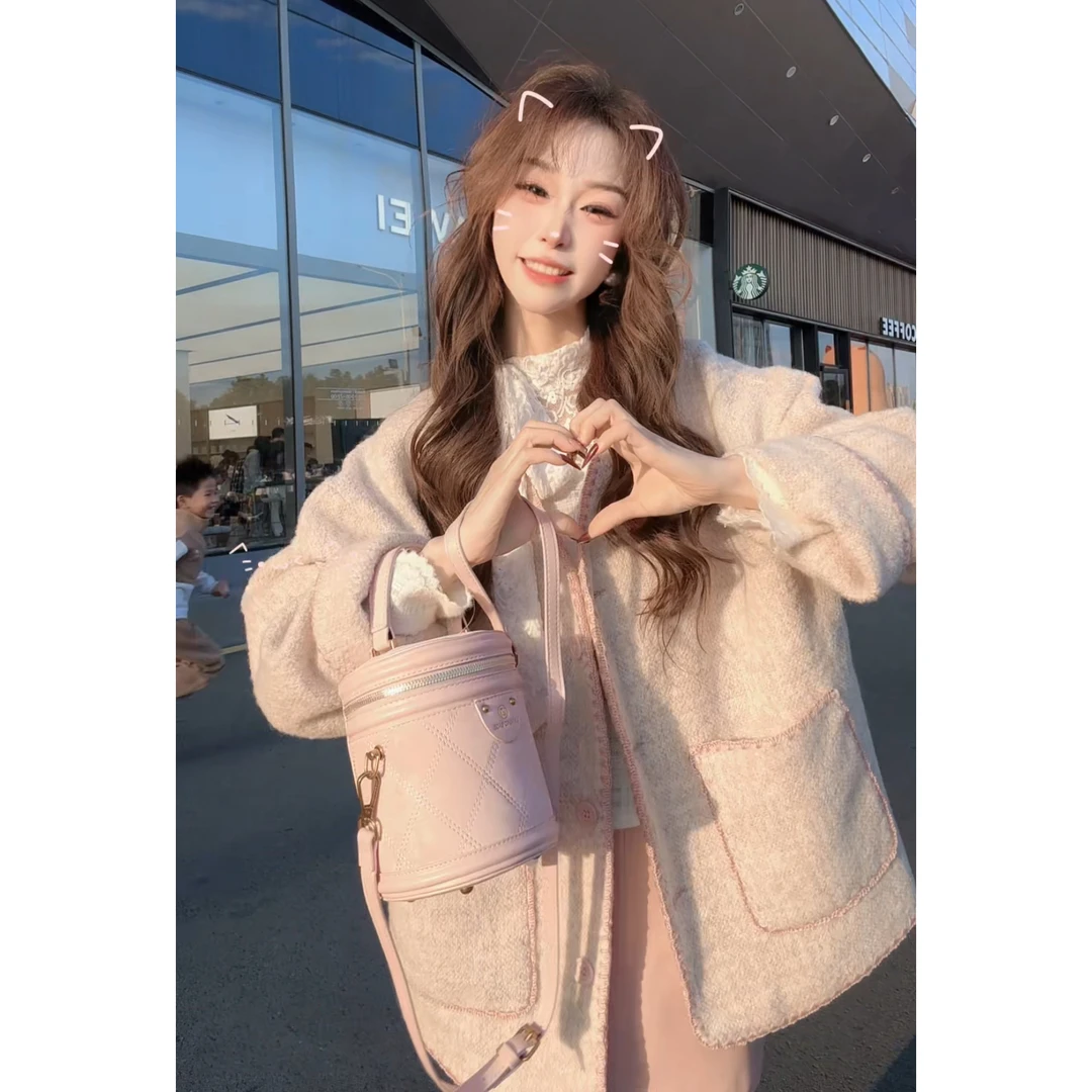 ZX482时尚洋气小香风毛呢外套女秋冬新款韩版宽松百搭V领羊毛外衣