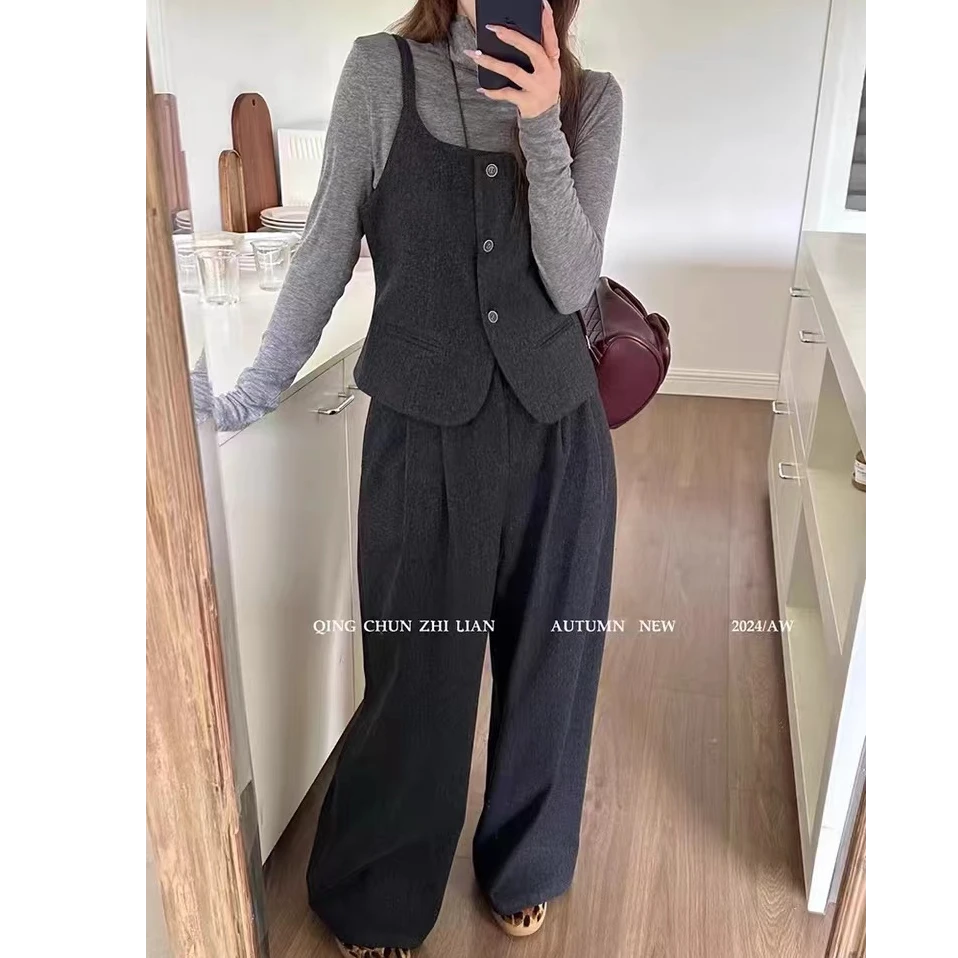 ZX493欧货休闲时尚套装女秋季新款打底衫背心上衣阔腿裤三件套潮