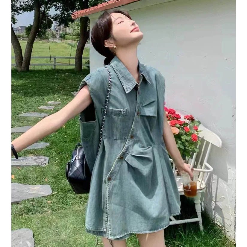 ZX019复古时尚牛仔套装女欧洲站夏无袖斜扣上衣阔腿短裤两件套