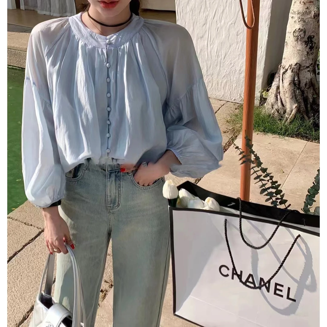 ZX728温柔风蓝色灯笼袖衬衫女装春季气质宽松长袖衬衣绝美上衣