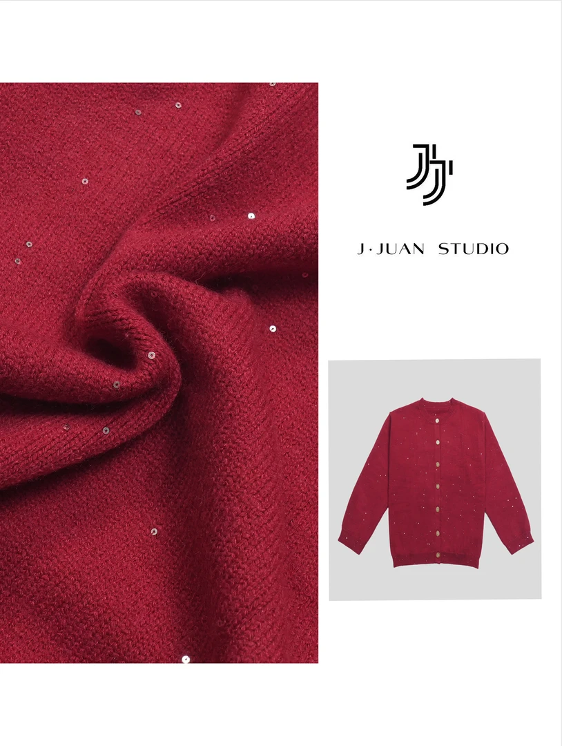 【J.Juan】星光-冬季亮片毛衣开衫高个子女装圣诞新年红色毛衣外套