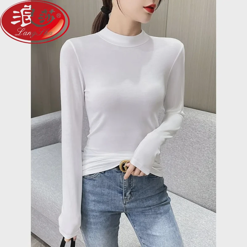 浪莎莫代尔拼接式半高领打底衫女春秋新款薄款气质百搭长袖洋气上