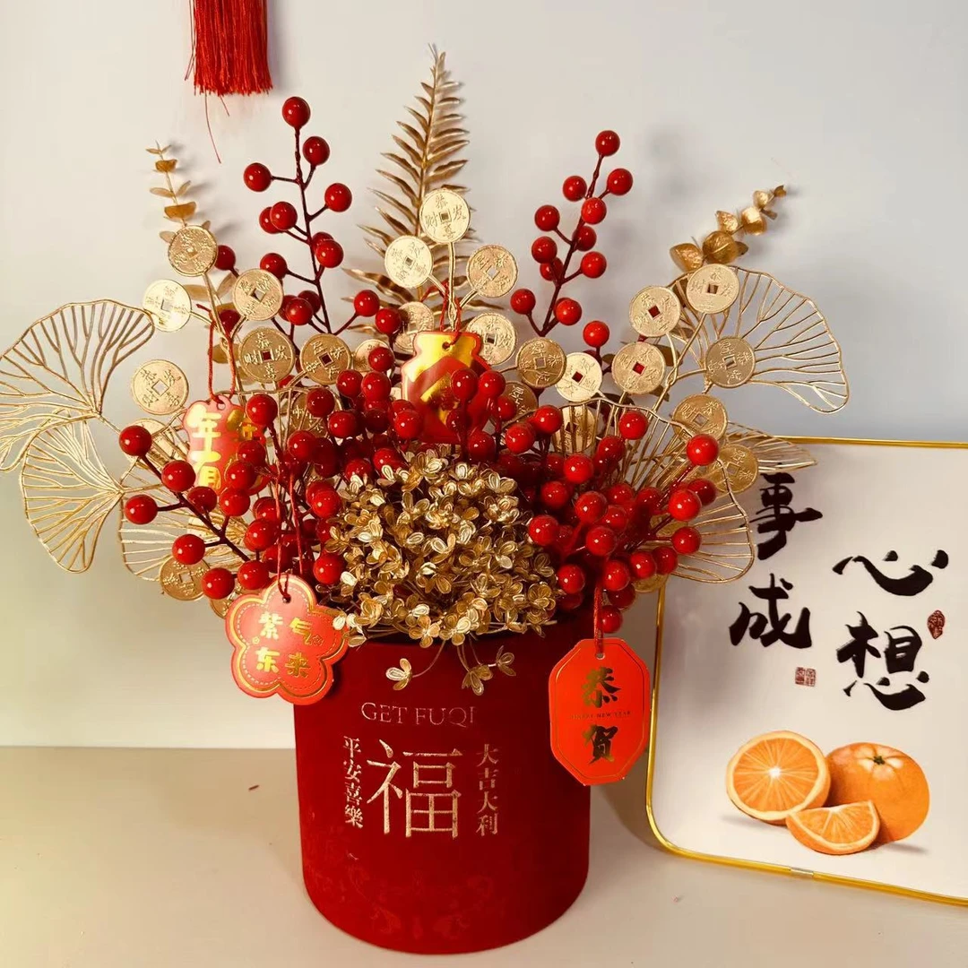 大福桶摆件冬红果发财果装饰新婚乔迁福桶红浆果发财果成品发货