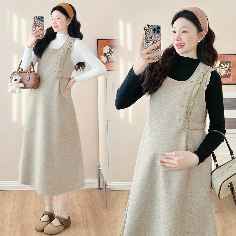 【苏安诺】孕妇装秋冬宽松新款设计感减龄两件套气质显瘦背心连衣裙