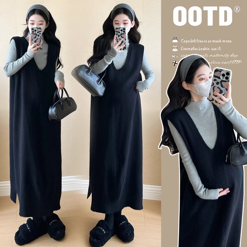 【苏安诺】孕妇装秋冬款洋气减龄针织连衣裙加厚打底衫上衣两件套