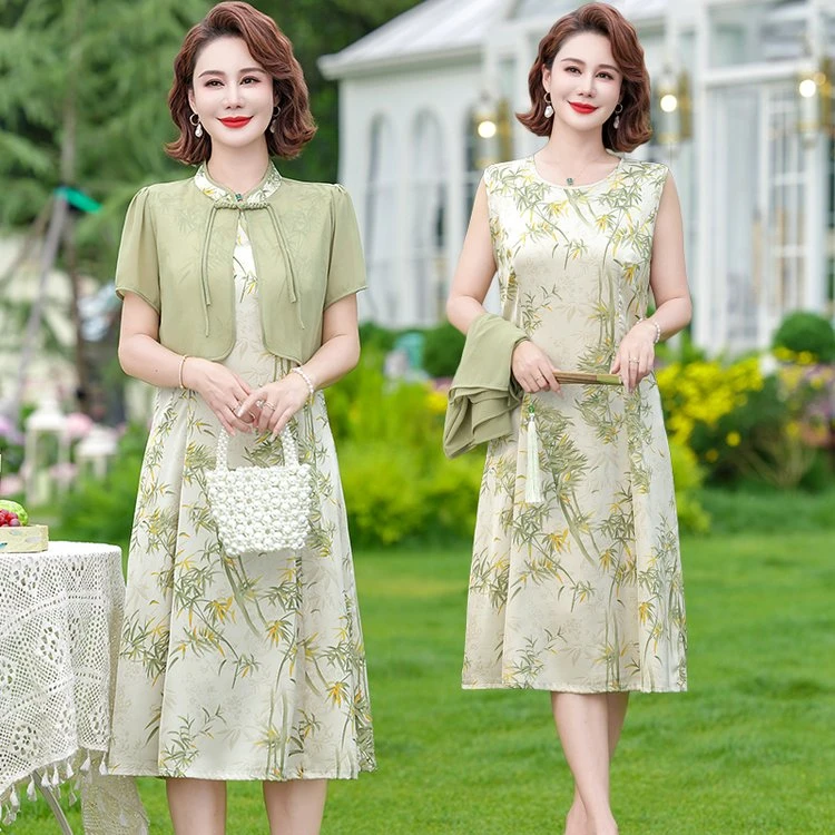 新中式妈妈夏装雪纺连衣裙2025新款中老年夏季妈妈装时尚两件气质